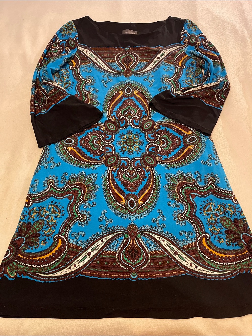 Turquoise Paisley Mini Dress with Black Trim